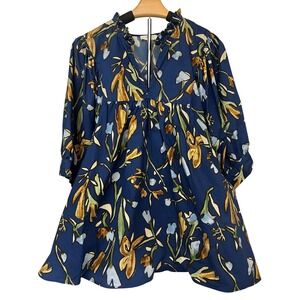 Entro Women's 1X Blue Floral Print Ruffle Neck 3/4 Sleeve Boho Tunic/Top